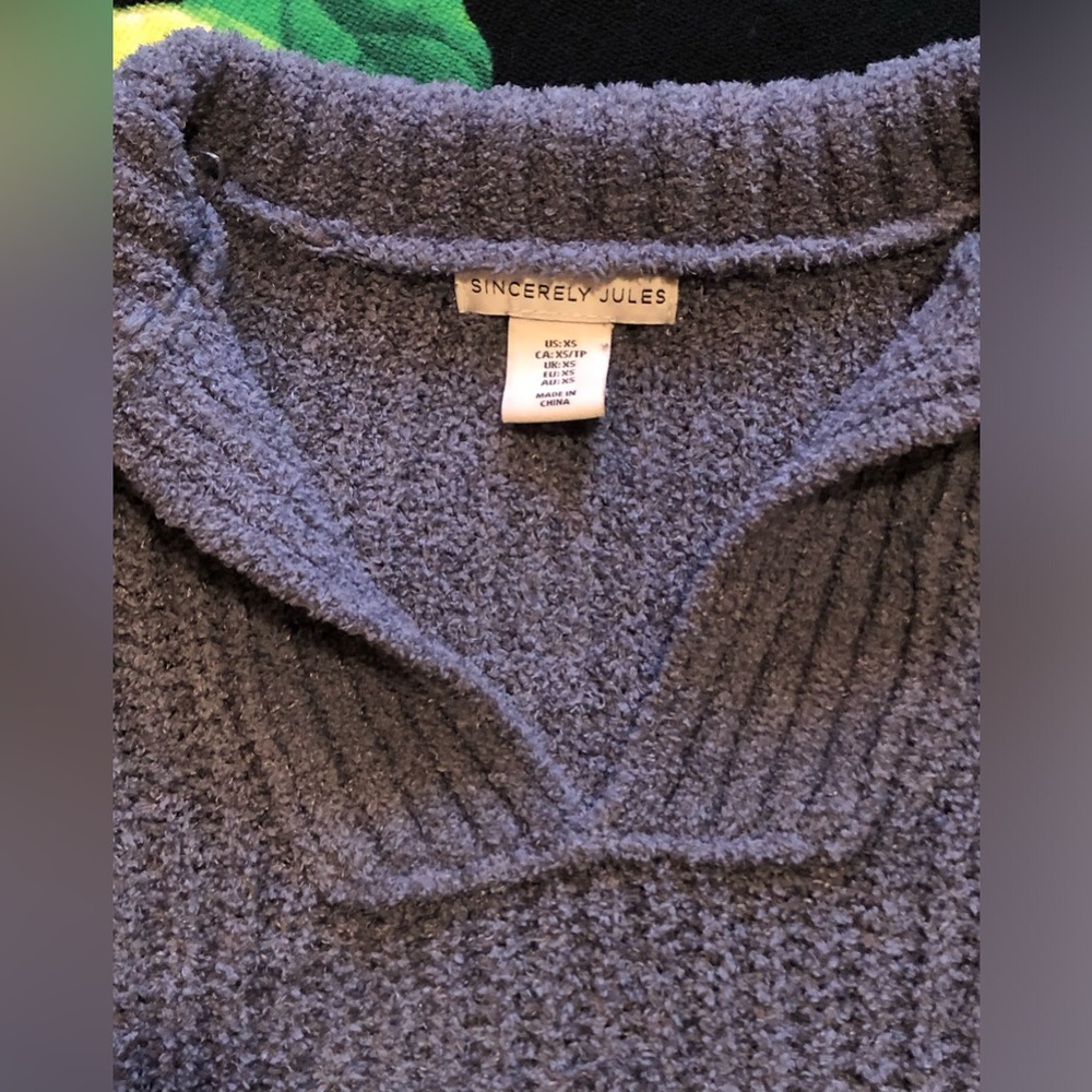 Sincerely Jules Steel Blue Chenille Collared Crop Sweater - Picture 2 of 6